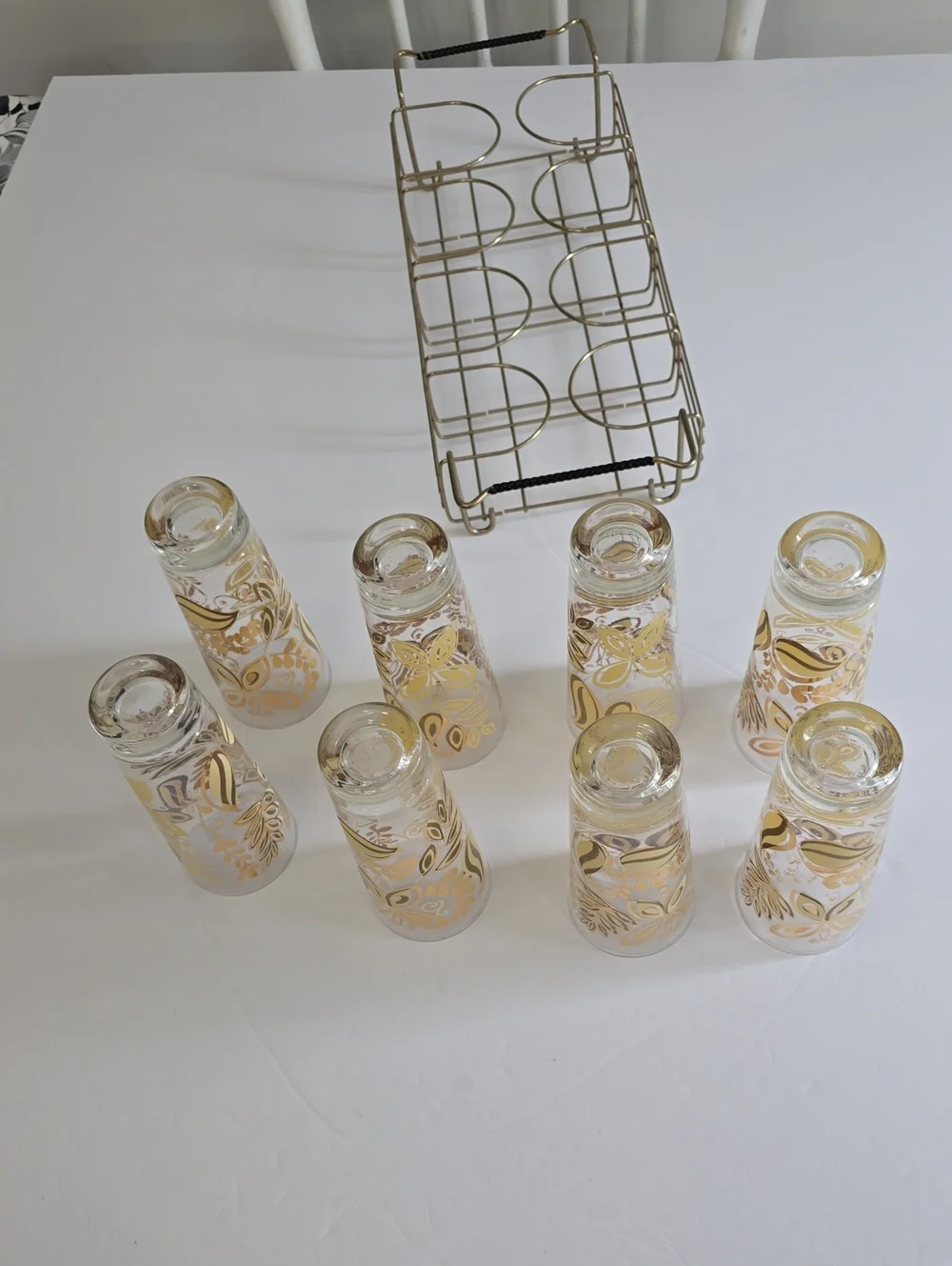 Vintage MCM Set Of 8 Gold Butterfly Leaf Botanical Tumblers With Carrier 12 Oz